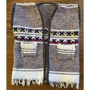 Vintage Kids Toddler Serape Fringed Striped Handmade Vest Pockets